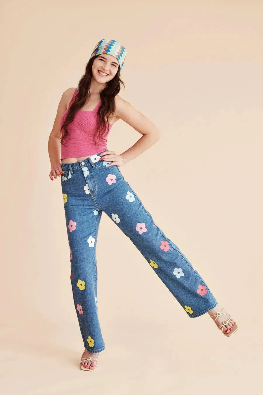 Jeans tiro alto flores