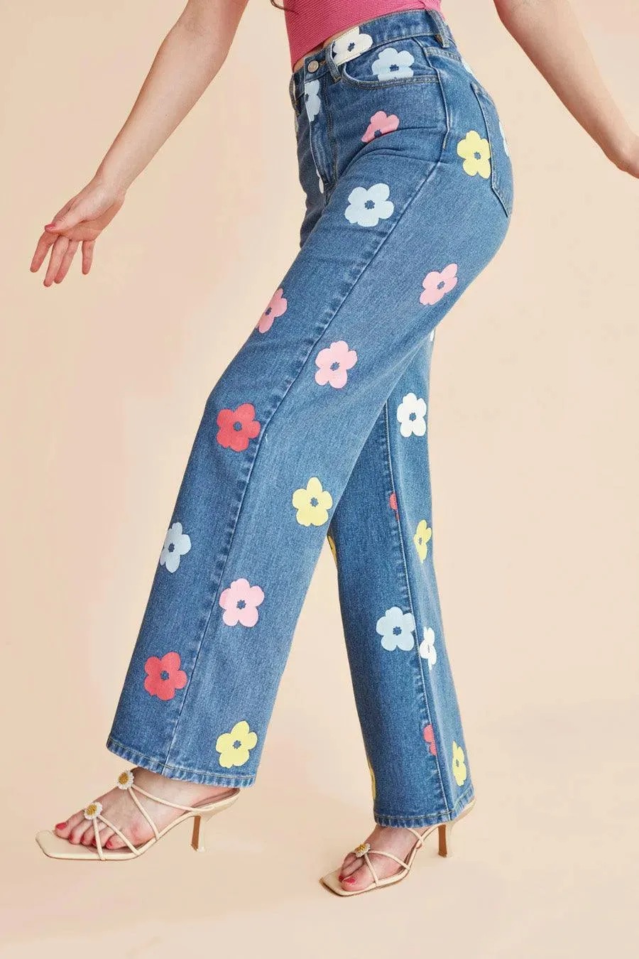 Jeans tiro alto flores