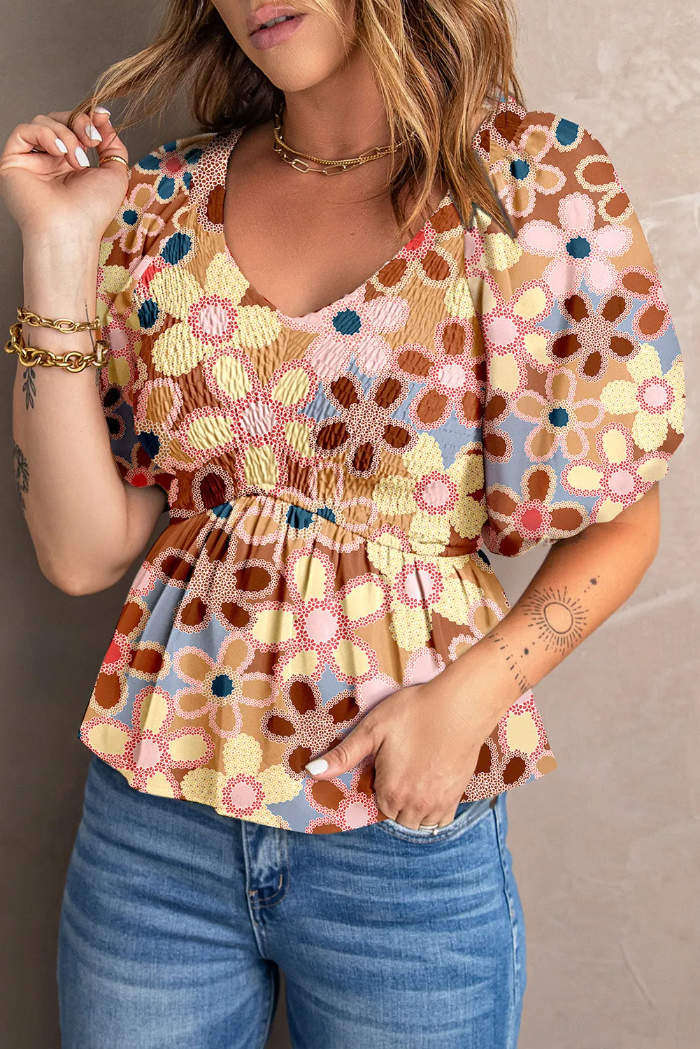 Jenni Smocked Printed V-Neck Half Sleeve Blouse