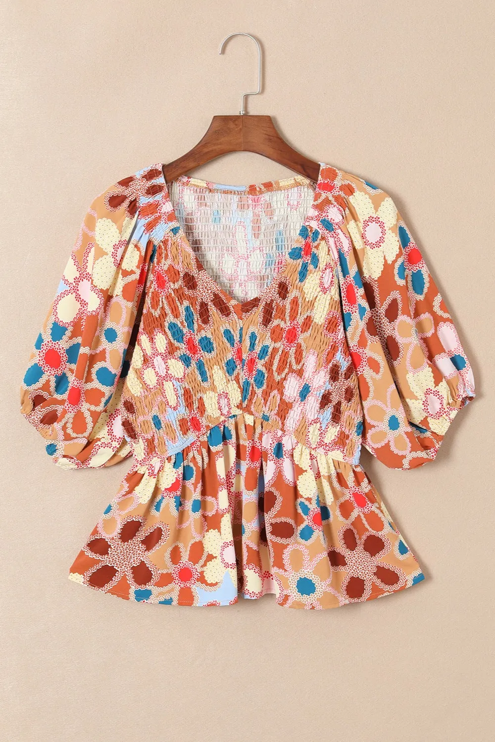 Jenni Smocked Printed V-Neck Half Sleeve Blouse