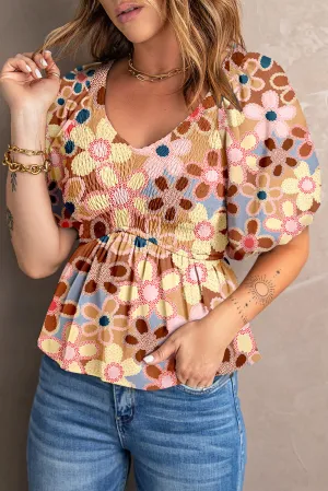 Jenni Smocked Printed V-Neck Half Sleeve Blouse