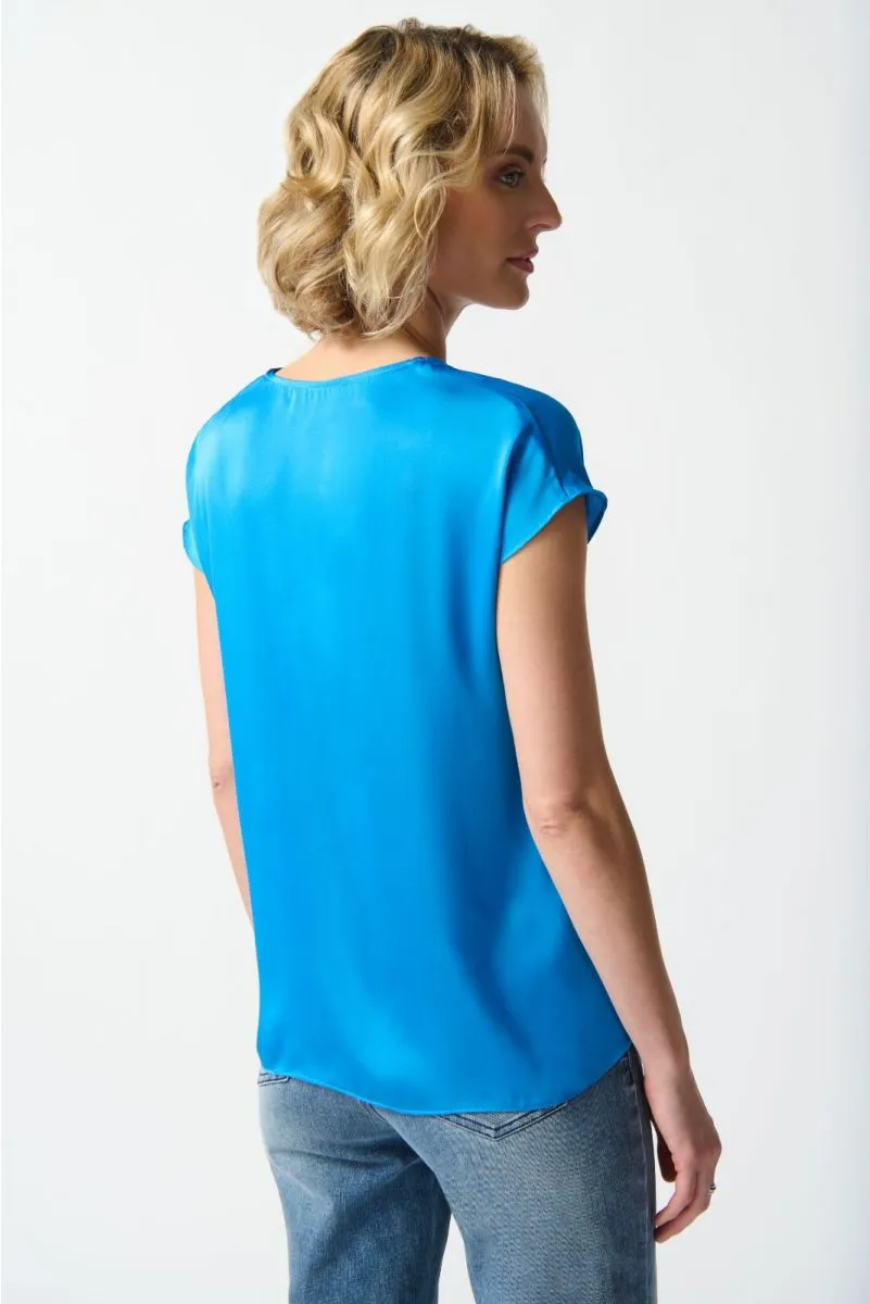 Joseph Ribkoff Keyhole V-Neck Short Sleeve Satin Top 242123