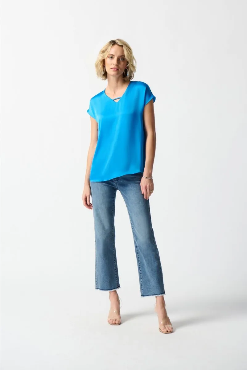 Joseph Ribkoff Keyhole V-Neck Short Sleeve Satin Top 242123