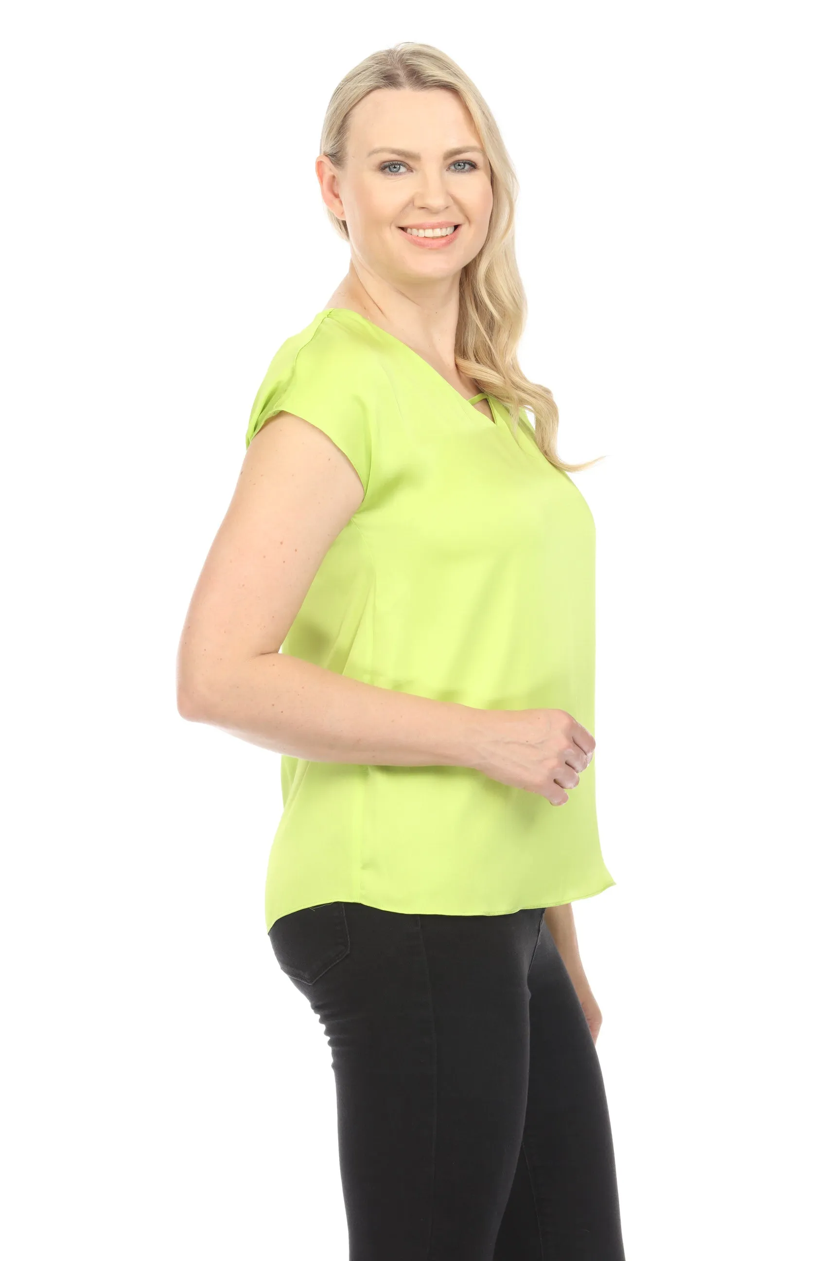 Joseph Ribkoff Keyhole V-Neck Short Sleeve Satin Top 242123