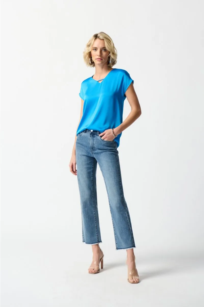 Joseph Ribkoff Keyhole V-Neck Short Sleeve Satin Top 242123