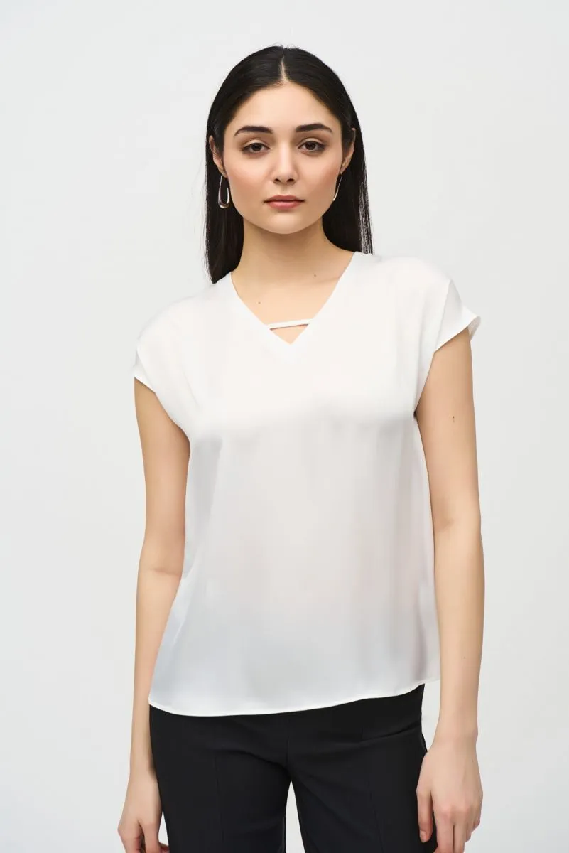 Joseph Ribkoff Keyhole V-Neck Short Sleeve Satin Top 242123