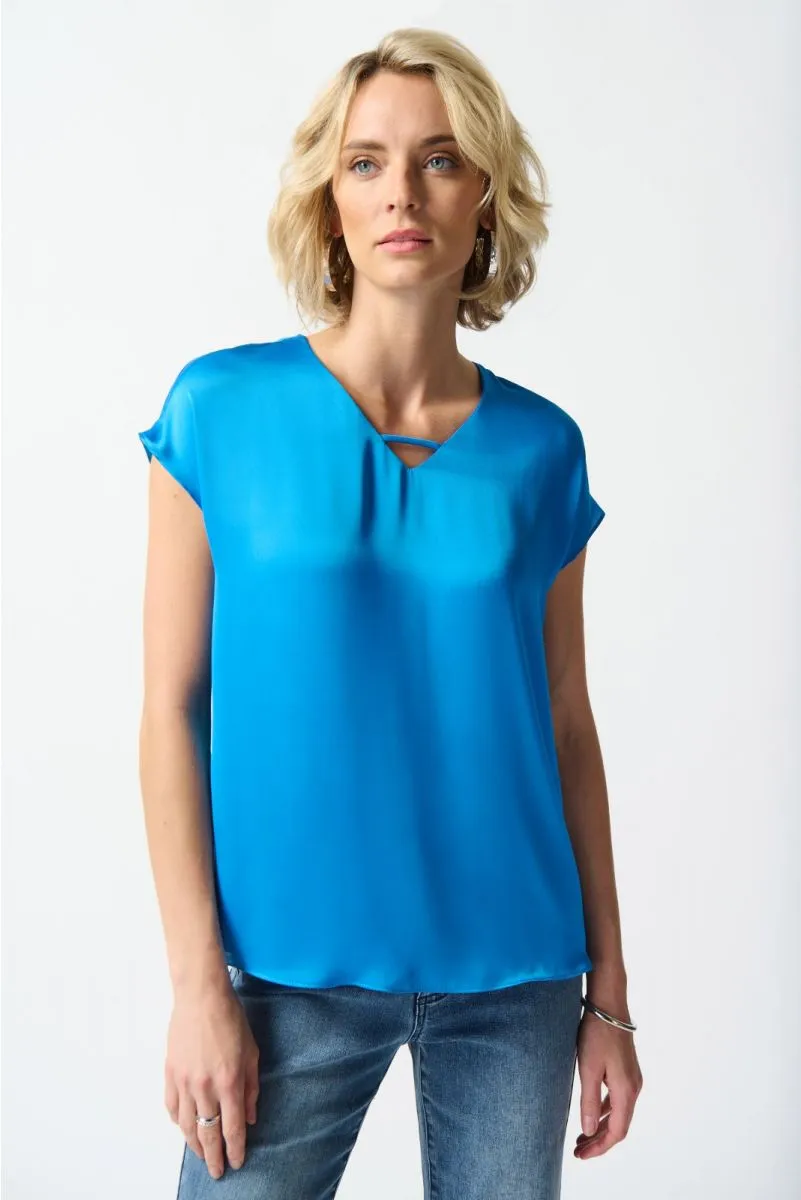 Joseph Ribkoff Keyhole V-Neck Short Sleeve Satin Top 242123
