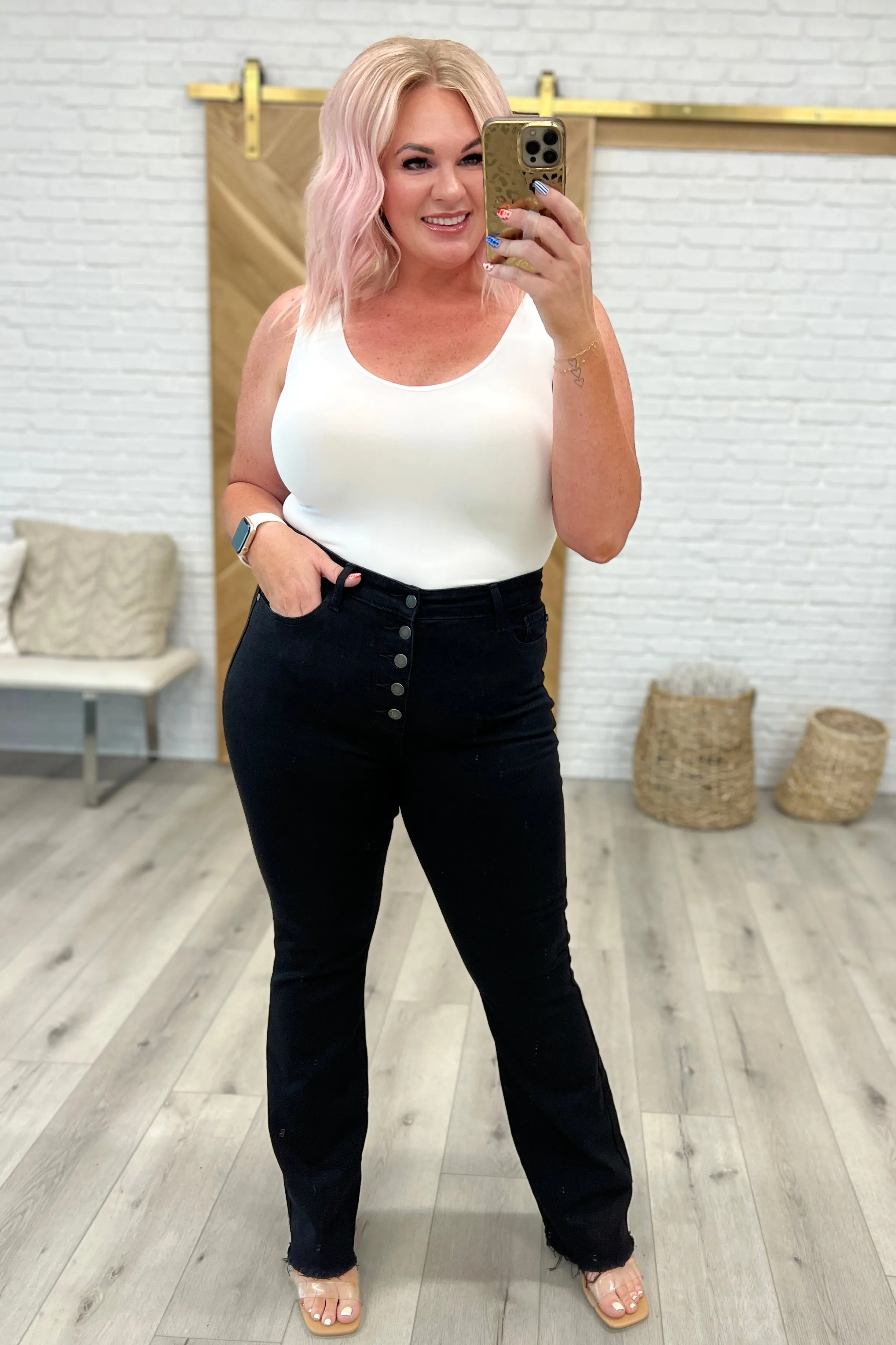 JUDY BLUE Harriet High Rise Button Fly Bootcut Jeans in Black