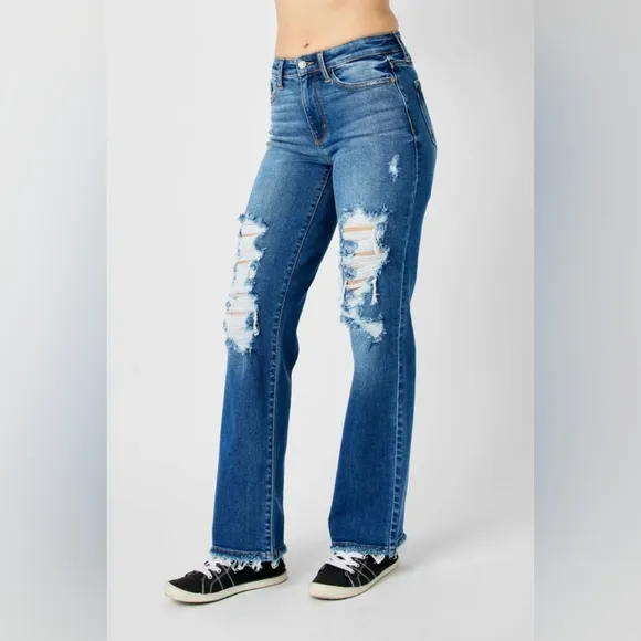 Judy Blue Mid Rise Distressed Raw Hem Straight Fit Dad Jeans Stretch Various NEW