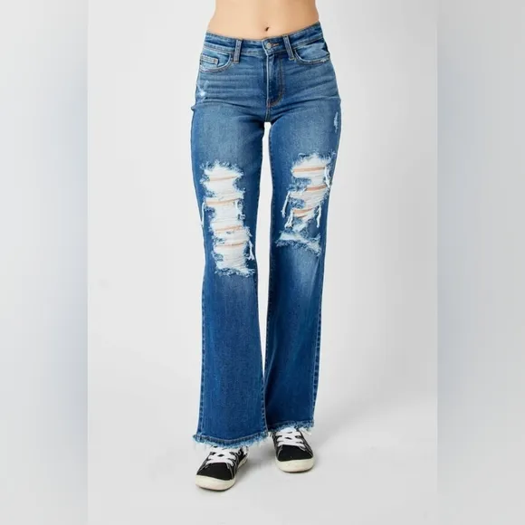 Judy Blue Mid Rise Distressed Raw Hem Straight Fit Dad Jeans Stretch Various NEW