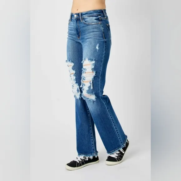 Judy Blue Mid Rise Distressed Raw Hem Straight Fit Dad Jeans Stretch Various NEW