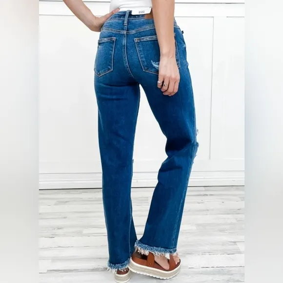 Judy Blue Mid Rise Distressed Raw Hem Straight Fit Dad Jeans Stretch Various NEW