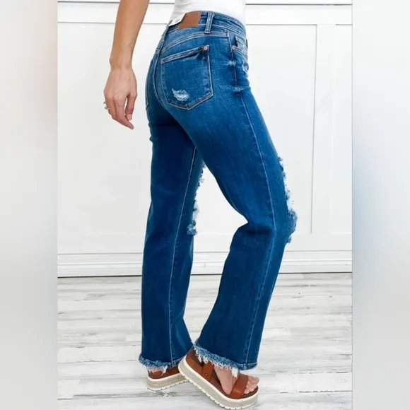 Judy Blue Mid Rise Distressed Raw Hem Straight Fit Dad Jeans Stretch Various NEW