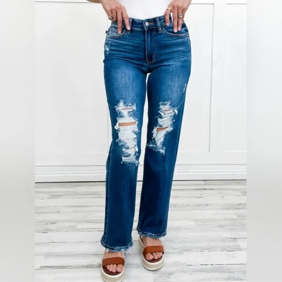 Judy Blue Mid Rise Distressed Raw Hem Straight Fit Dad Jeans Stretch Various NEW