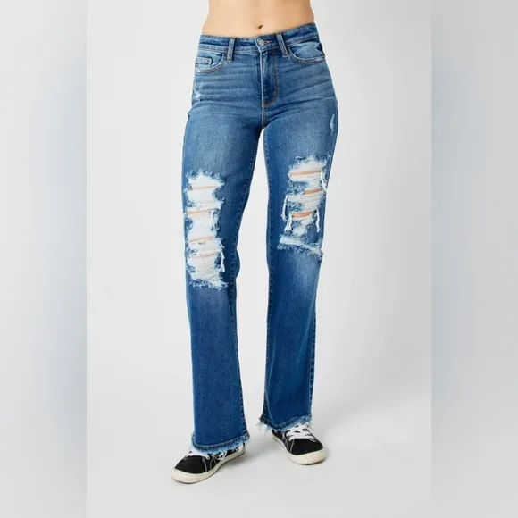 Judy Blue Mid Rise Distressed Raw Hem Straight Fit Dad Jeans Stretch Various NEW