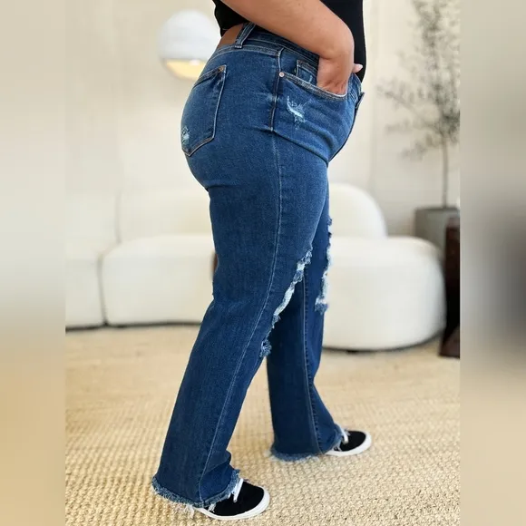 Judy Blue Mid Rise Distressed Raw Hem Straight Fit Dad Jeans Stretch Various NEW