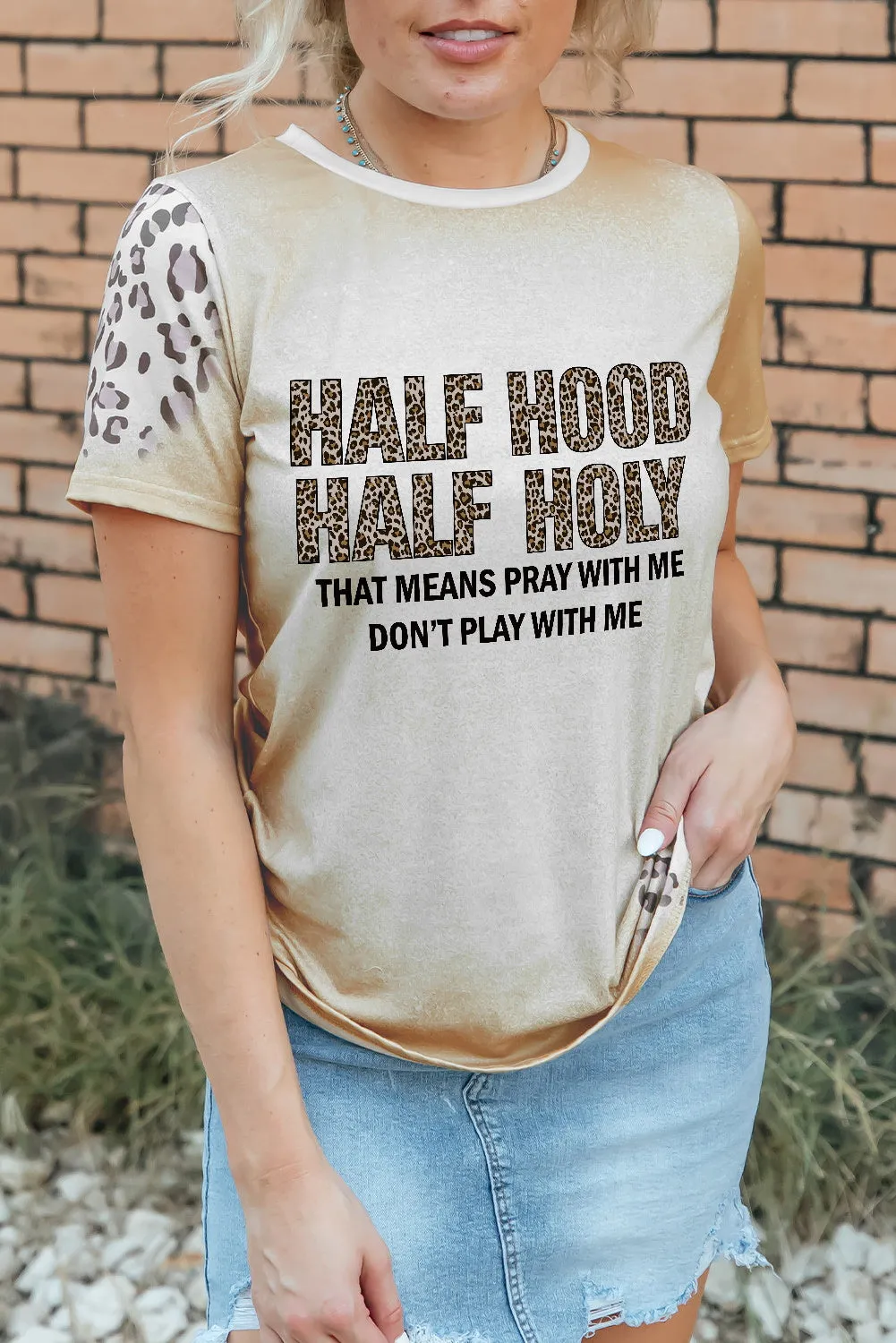 Khaki HALF HOOD HALF HOLY Graphic T Shirt