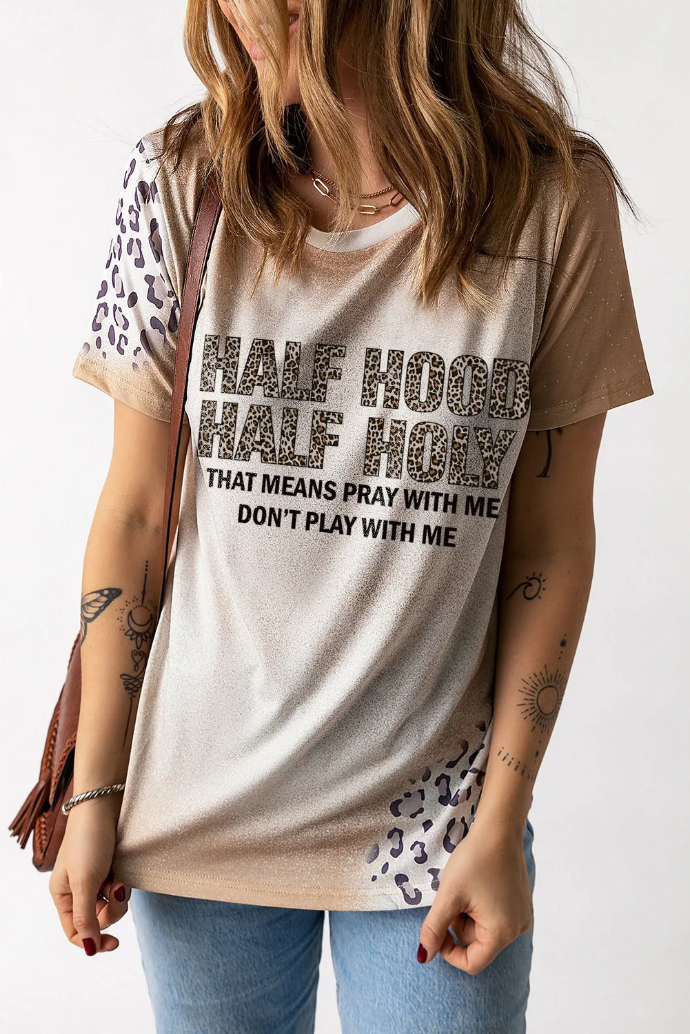 Khaki HALF HOOD HALF HOLY Graphic T Shirt