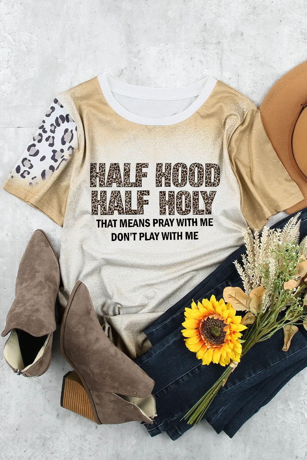 Khaki HALF HOOD HALF HOLY Graphic T Shirt