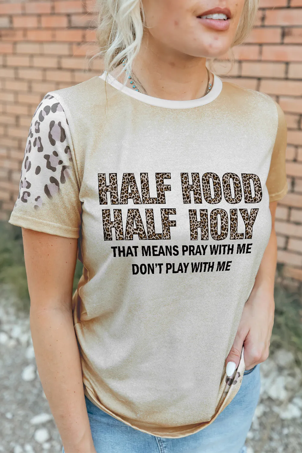 Khaki HALF HOOD HALF HOLY Graphic T Shirt