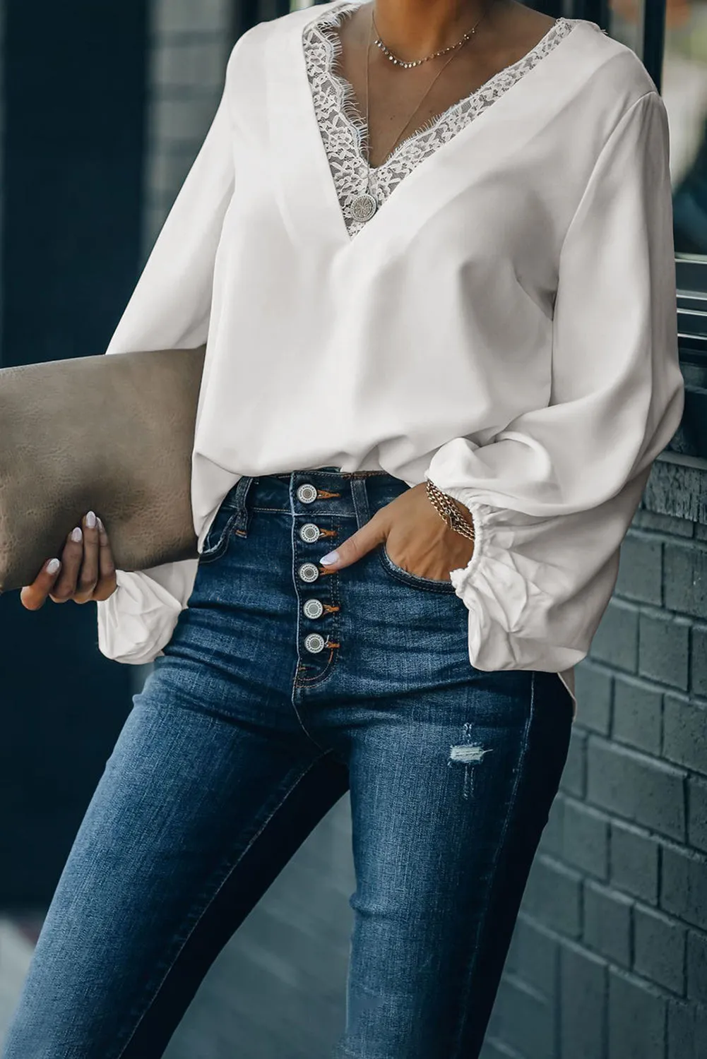Lace V Neck Balloon Sleeves Top