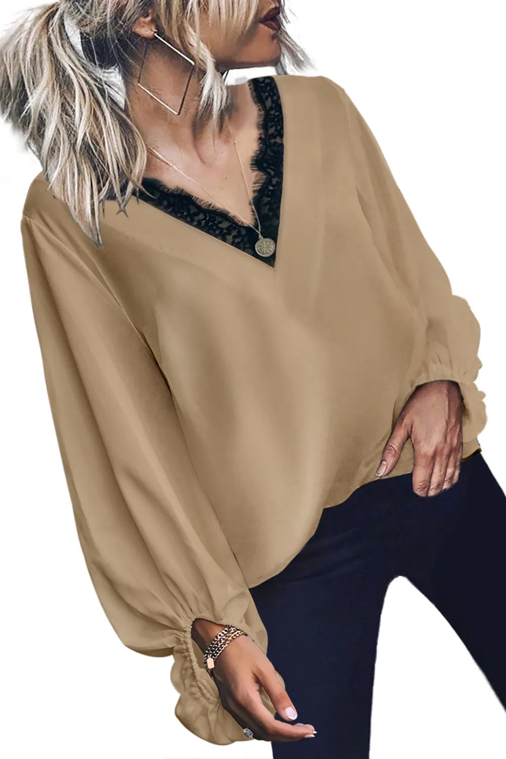 Lace V Neck Balloon Sleeves Top