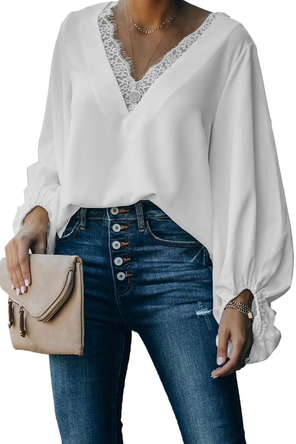 Lace V Neck Balloon Sleeves Top