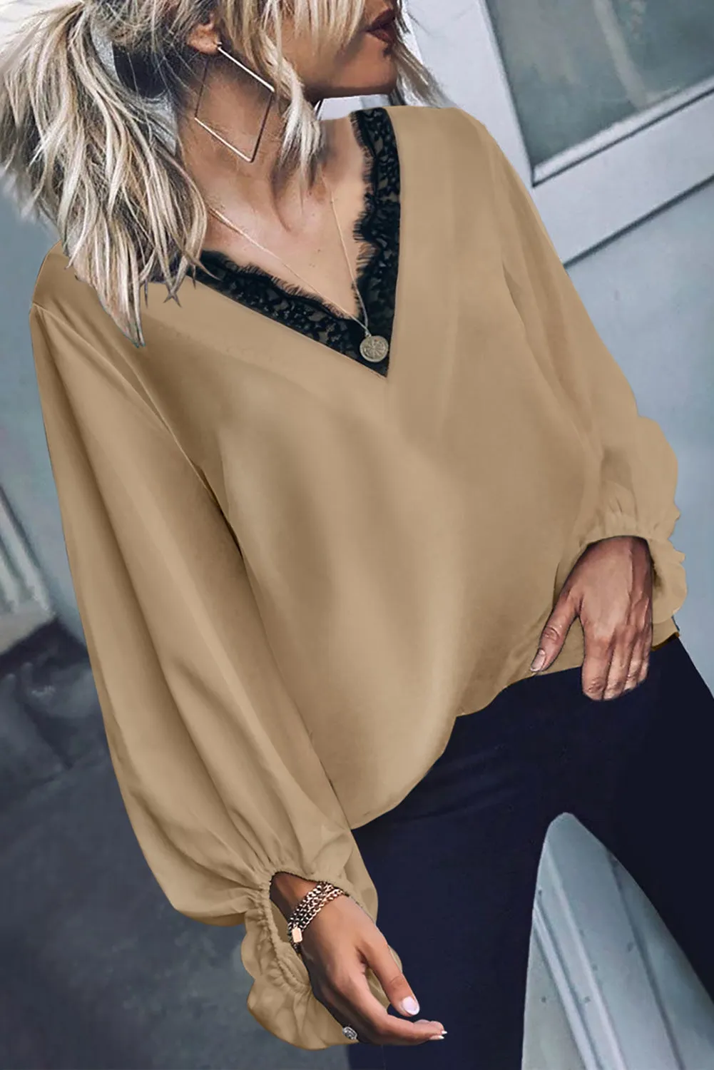 Lace V Neck Balloon Sleeves Top
