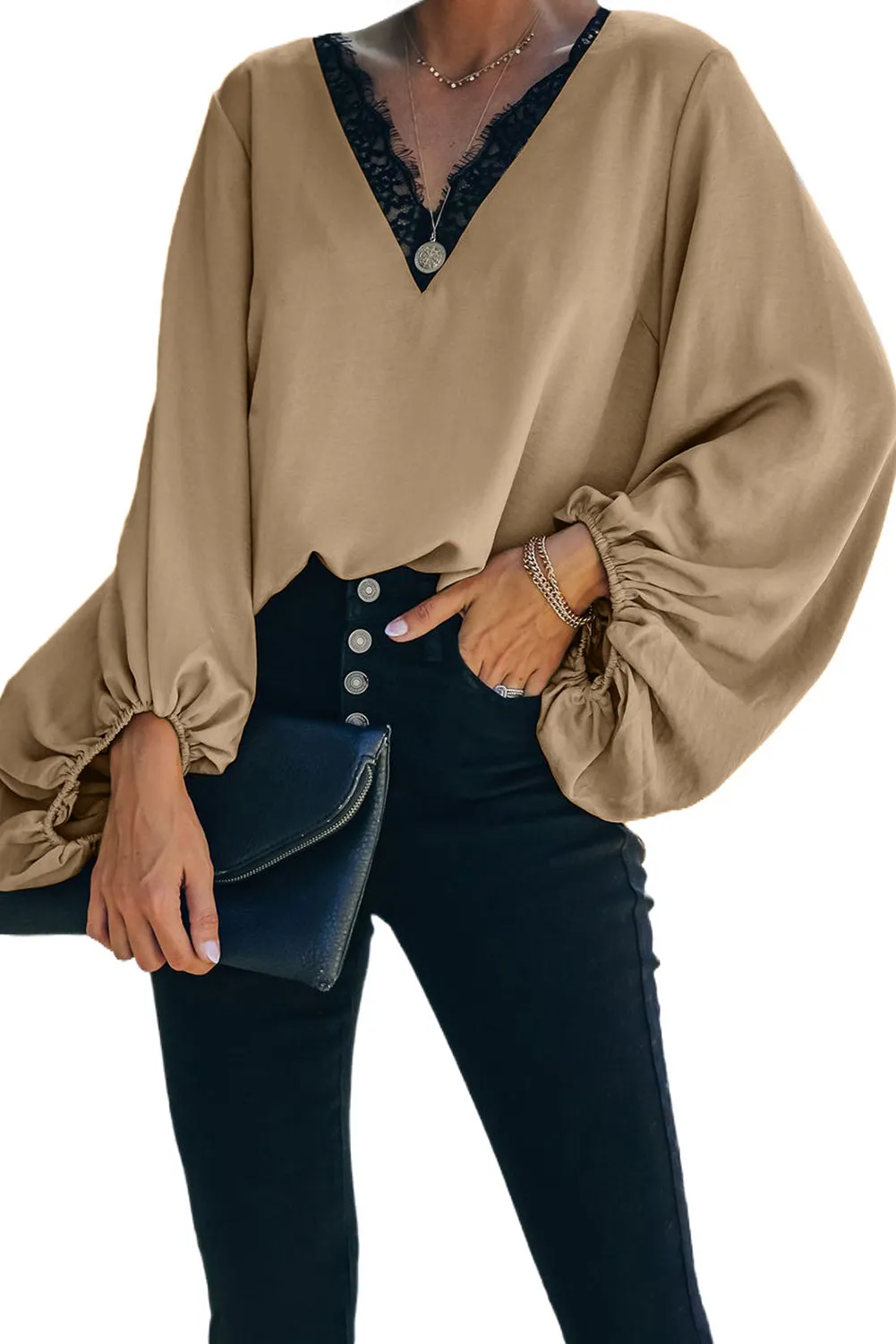 Lace V Neck Balloon Sleeves Top