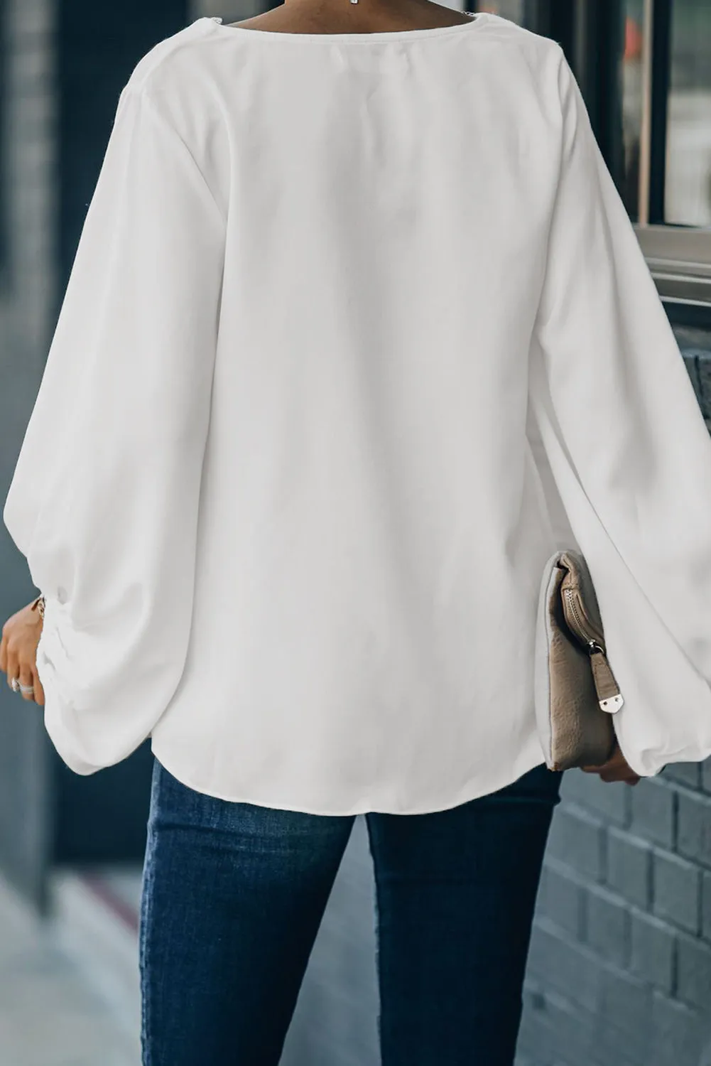 Lace V Neck Balloon Sleeves Top