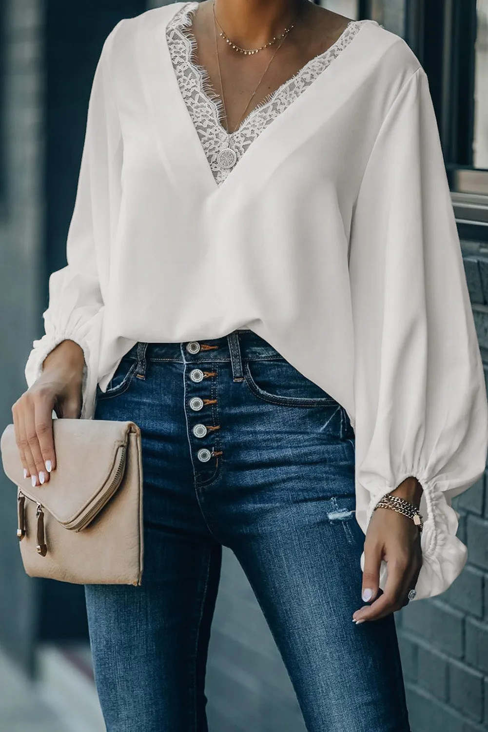 Lace V Neck Balloon Sleeves Top