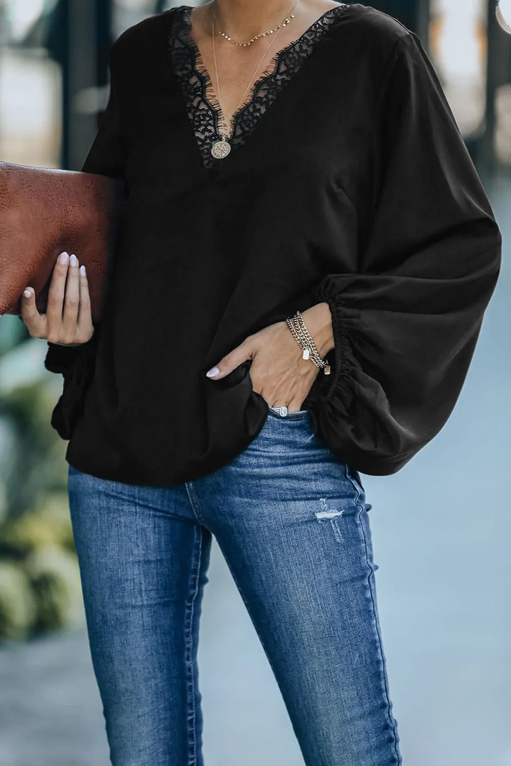 Lace V Neck Balloon Sleeves Top