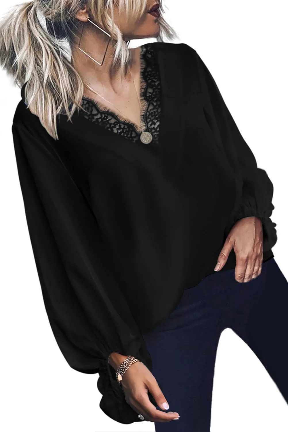 Lace V Neck Balloon Sleeves Top