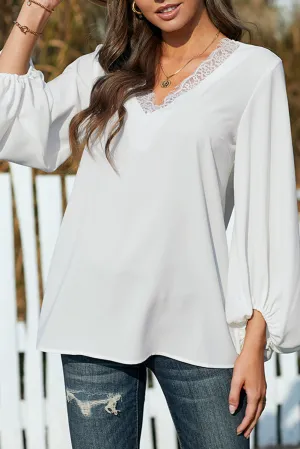 Lace V Neck Balloon Sleeves Top