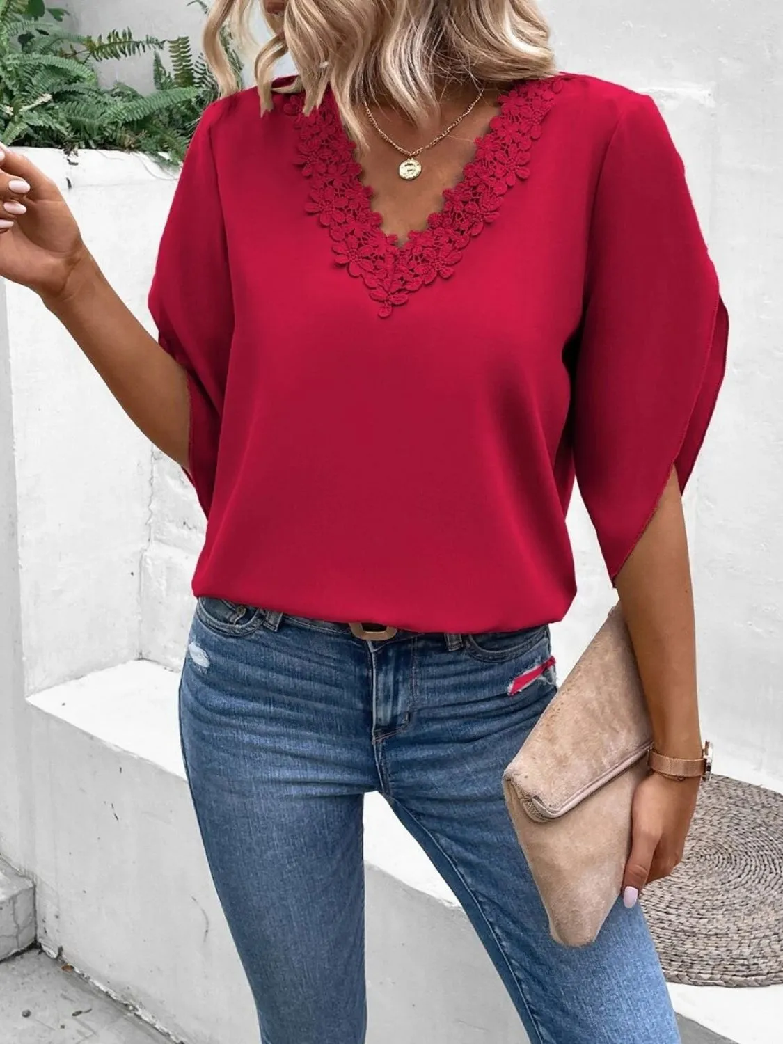 Lacey V-Neck Half Sleeve Top