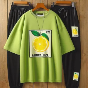 Lemon Tart Printed Oversized T-Shirt and Jogger Pants Set - LTUSTPS5 - Lime Green Black
