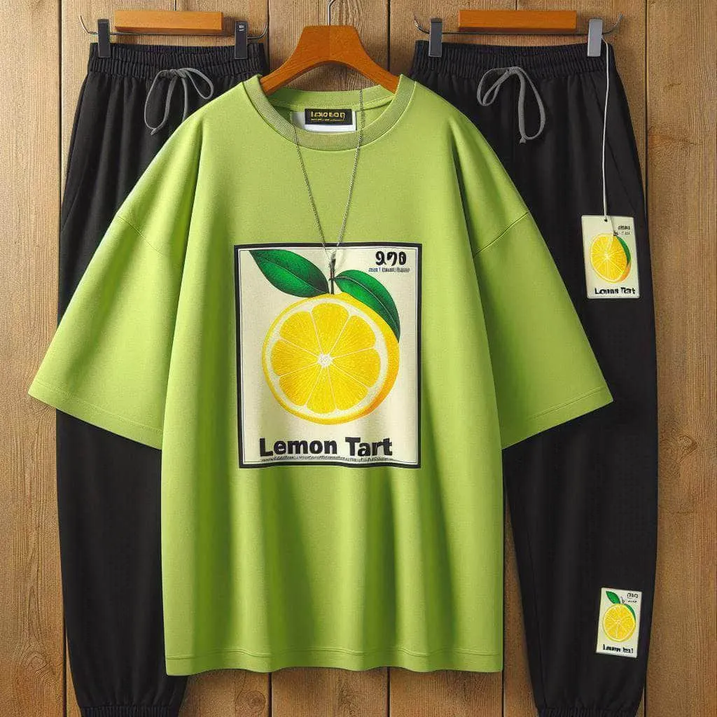 Lemon Tart Printed Oversized T-Shirt and Jogger Pants Set - LTUSTPS5 - Lime Green Black