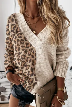 Leopard Color Block V Neck Drop Shoulder Knit Sweater