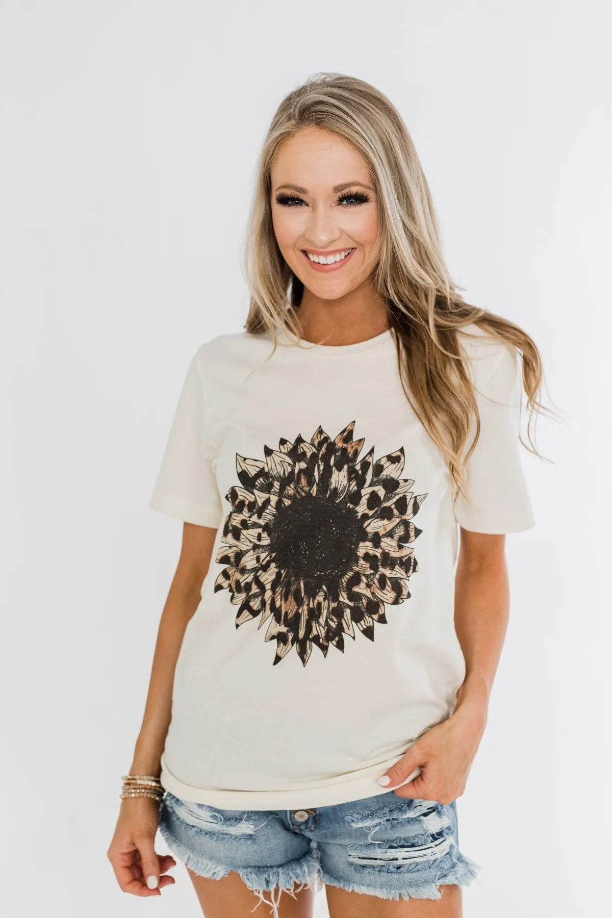Leopard Print Sunflower Graphic Tee- Cream