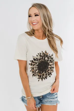 Leopard Print Sunflower Graphic Tee- Cream
