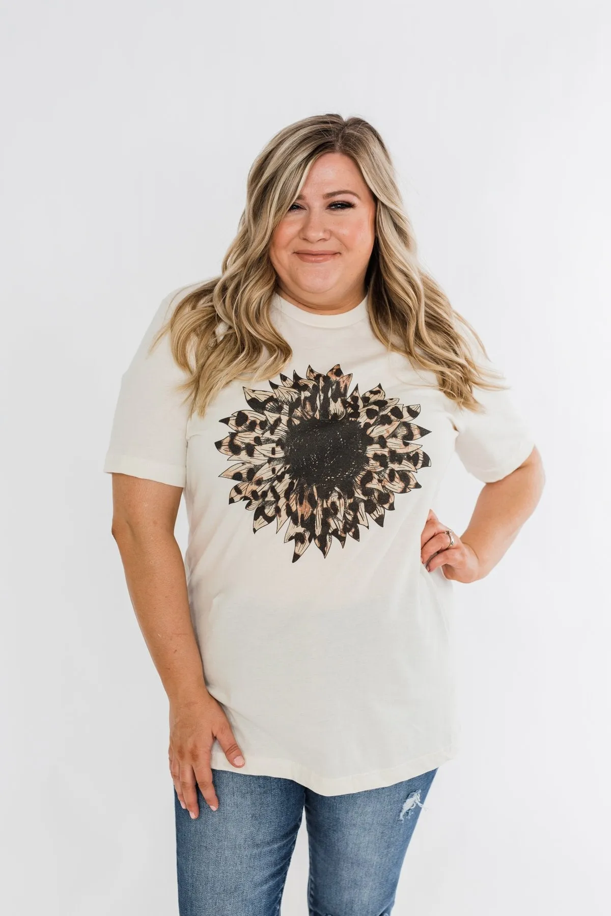 Leopard Print Sunflower Graphic Tee- Cream