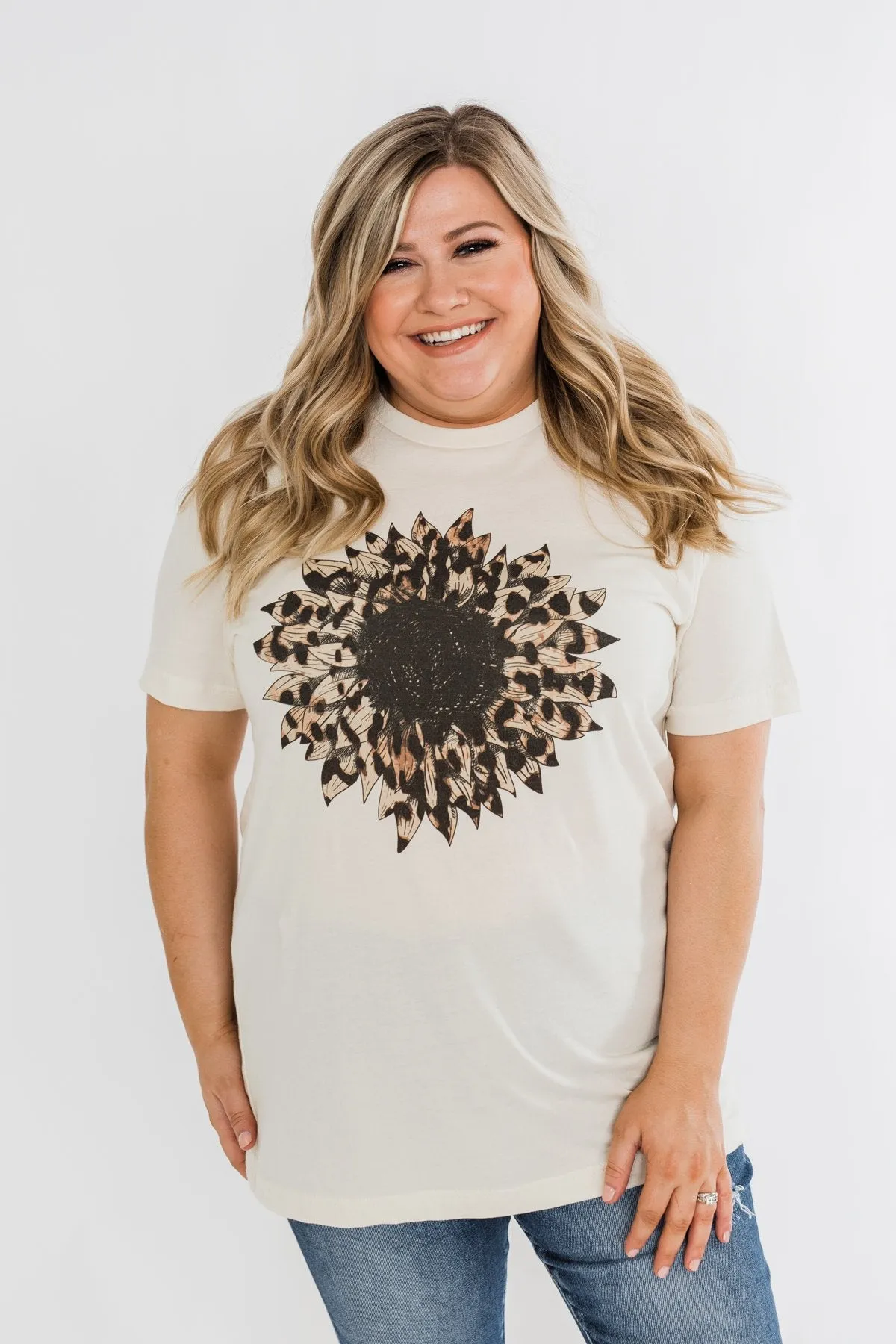 Leopard Print Sunflower Graphic Tee- Cream