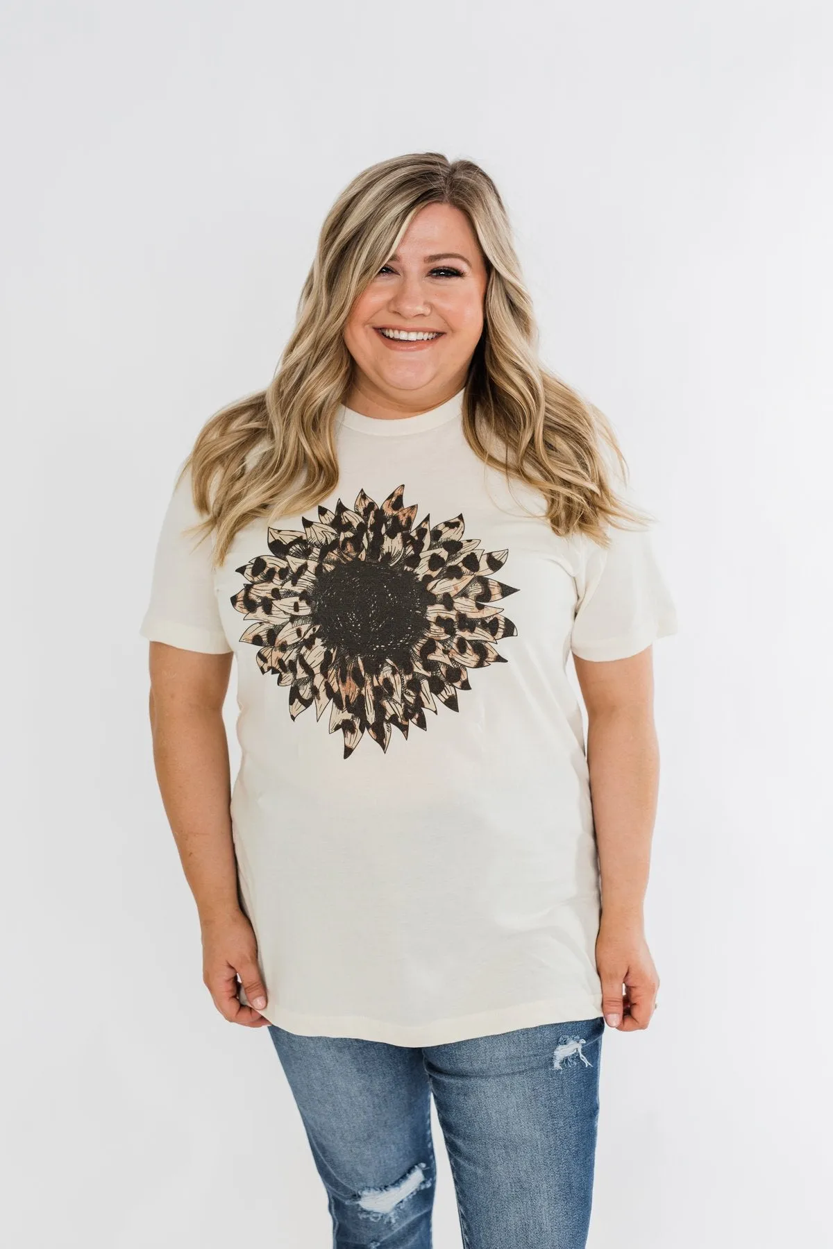 Leopard Print Sunflower Graphic Tee- Cream