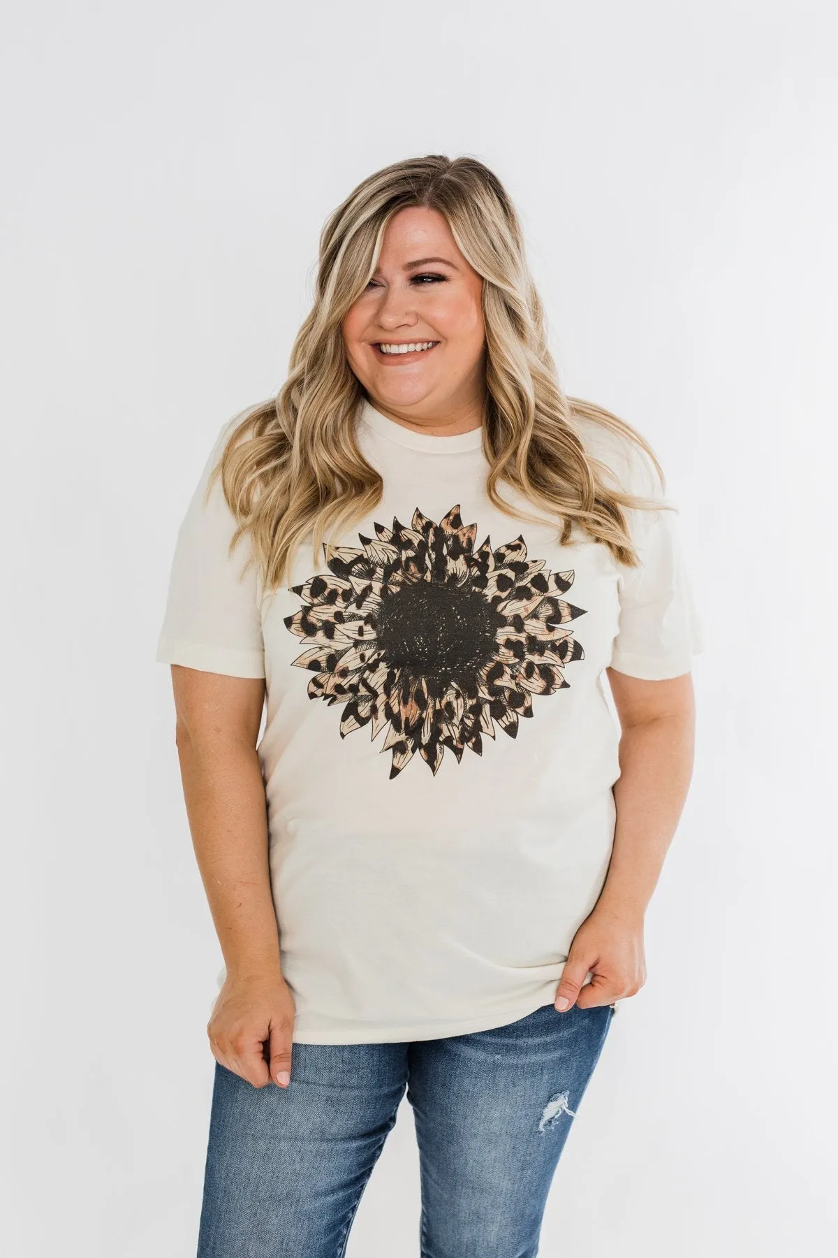 Leopard Print Sunflower Graphic Tee- Cream