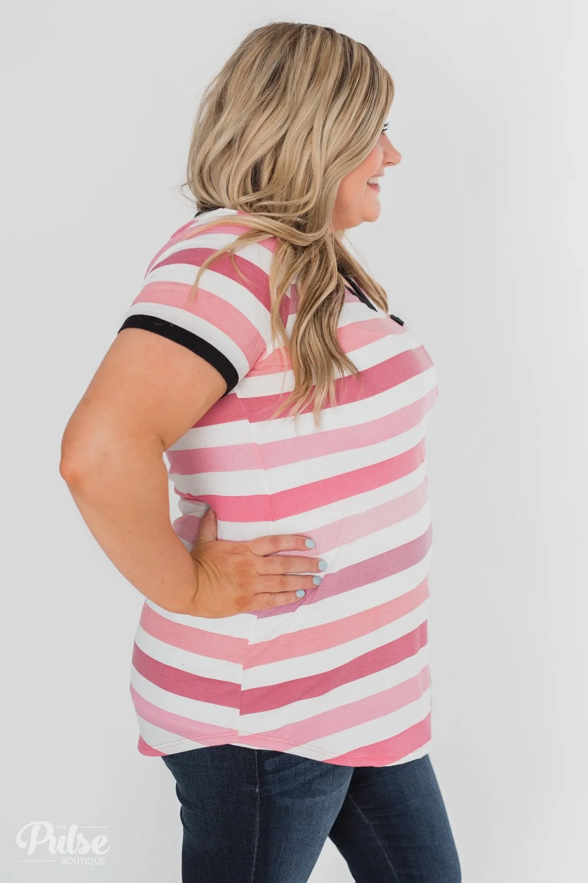 Lessons In Love Striped Pocket Top- Shades of Pink