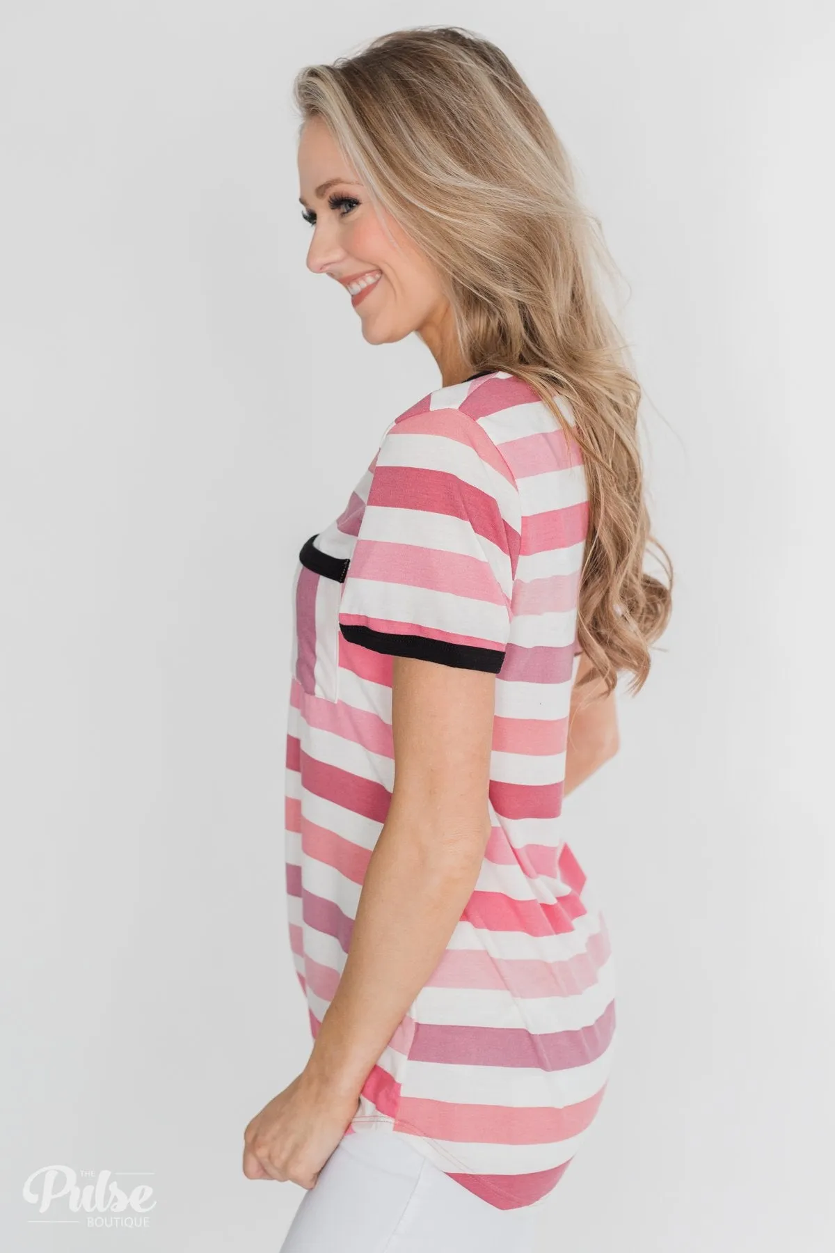 Lessons In Love Striped Pocket Top- Shades of Pink