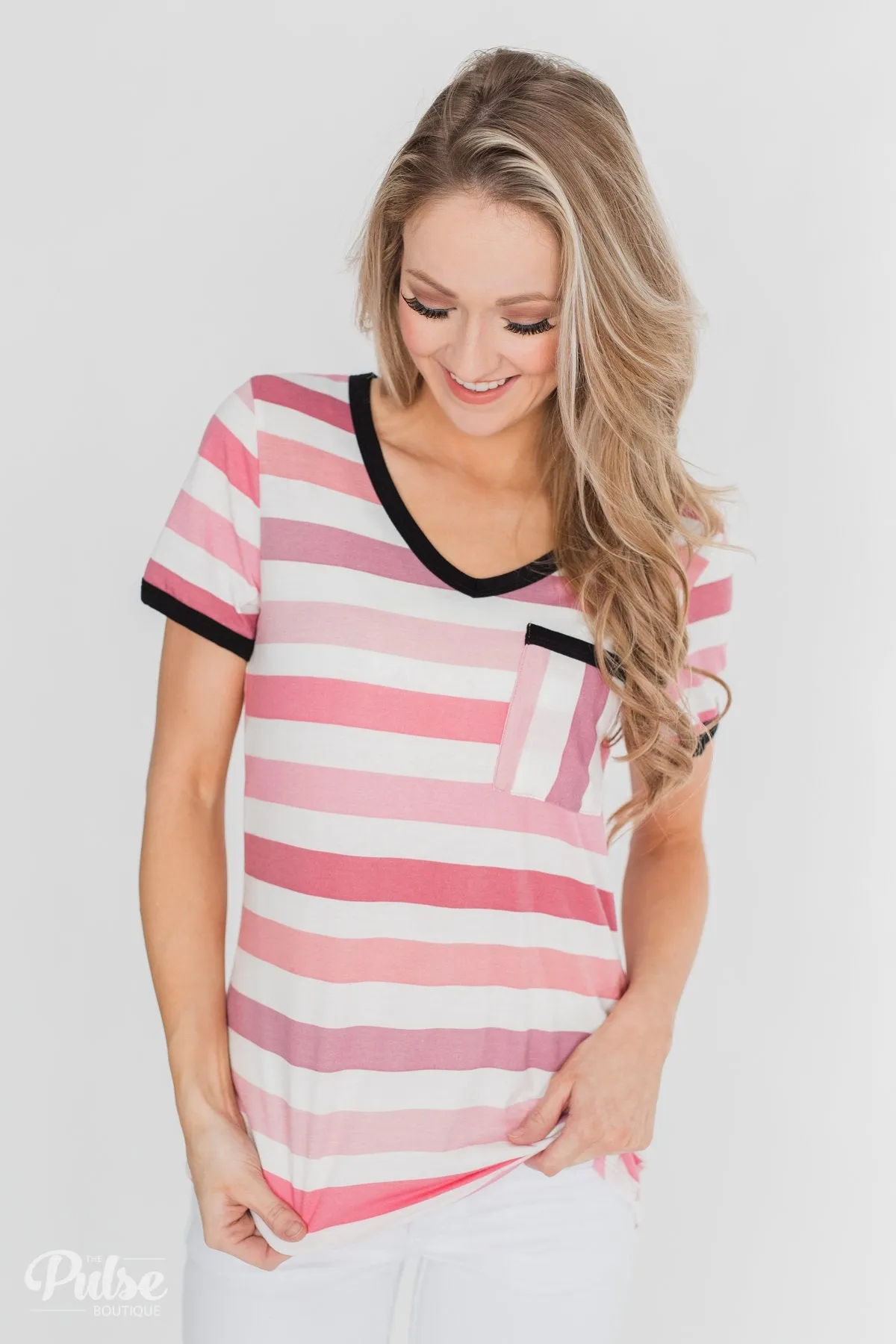Lessons In Love Striped Pocket Top- Shades of Pink
