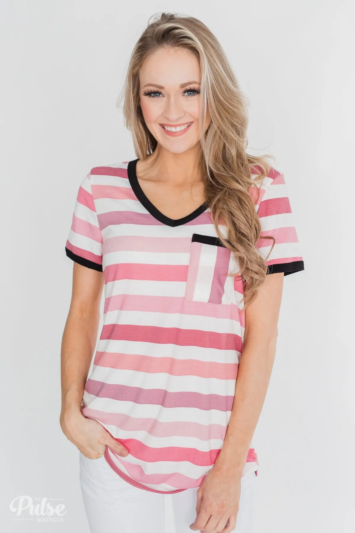 Lessons In Love Striped Pocket Top- Shades of Pink