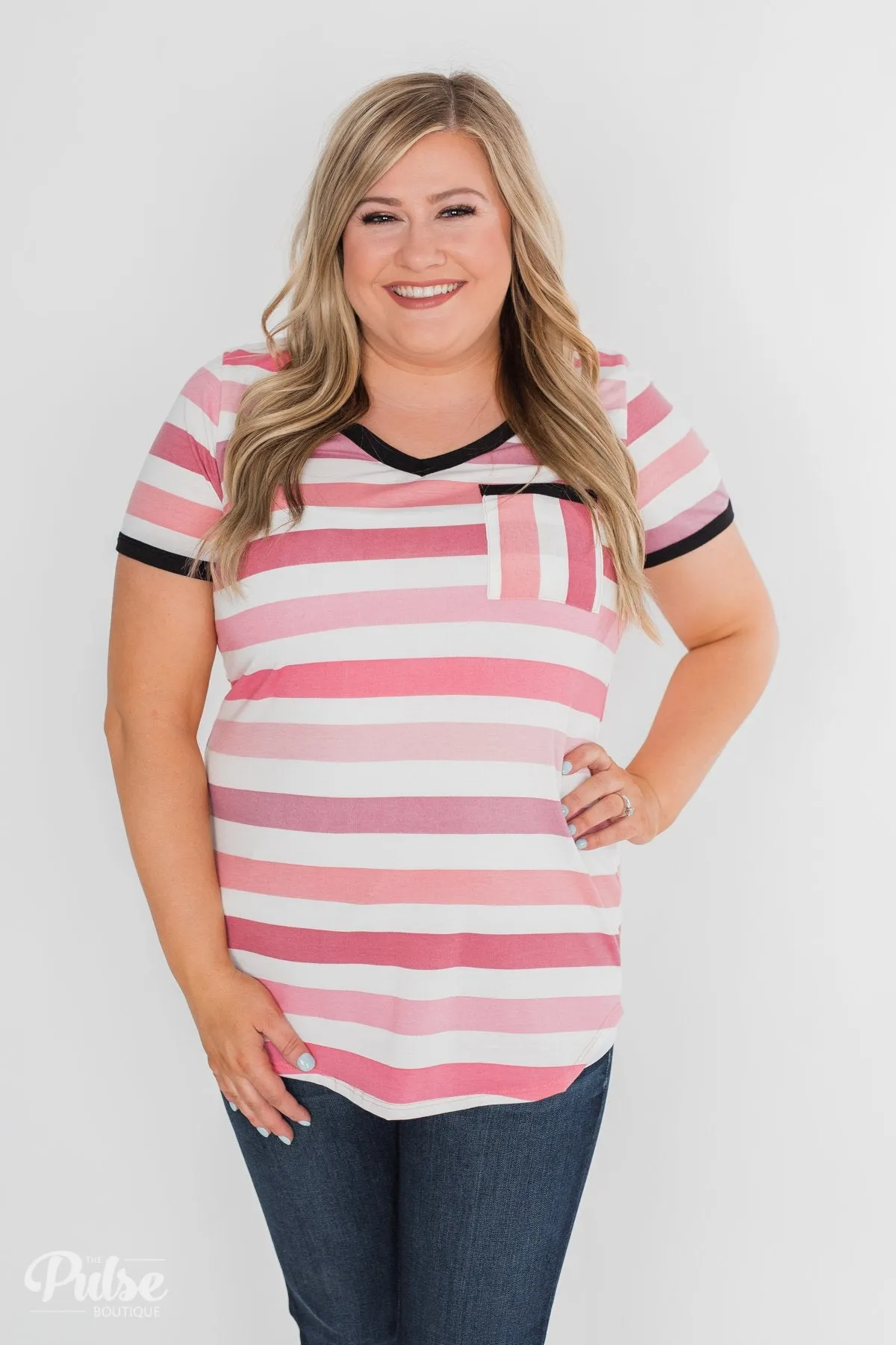 Lessons In Love Striped Pocket Top- Shades of Pink
