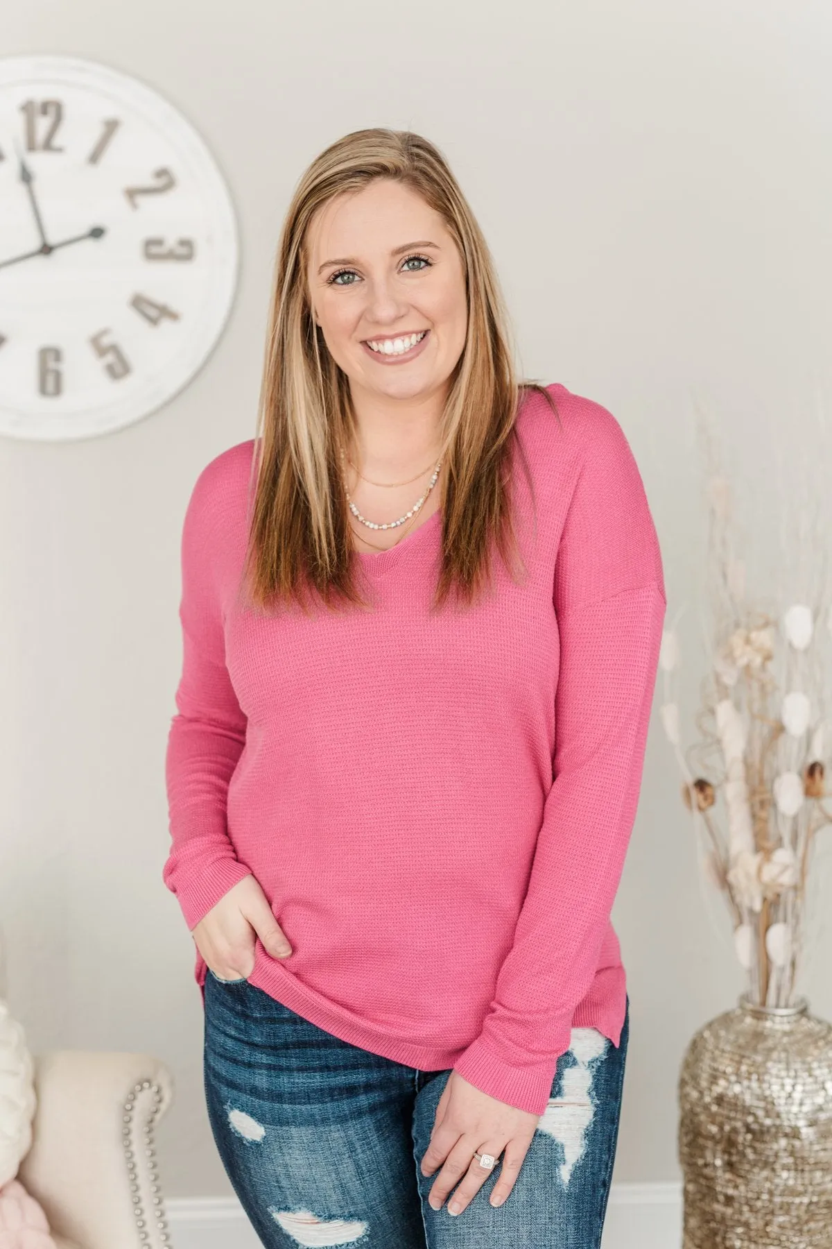 Life In Full Bloom V-Neck Knit Top- Bubblegum Pink